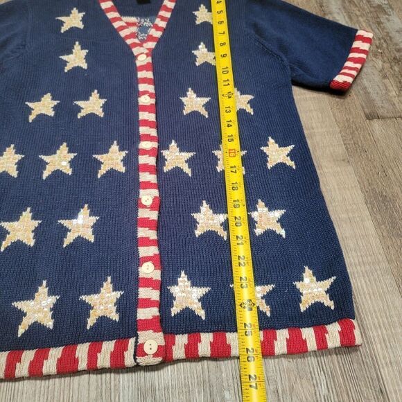 THE QUACKER FACTORY Cardigan M Red White Blue Sequins American Flag Patriotic - Picture 5 of 6